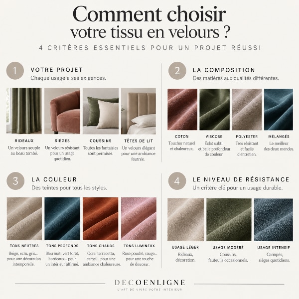 Infographie expliquant comment choisir un tissu en velours selon le projet de décoration, la composition du tissu, les couleurs et le niveau de résistance pour l'ameublement.